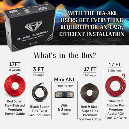 Black Diamond Dia-AK8 8-GA Car Audio Amplifier Installation Kit – Up to 840W, Complete Wiring, Fuses & Hardware for Easy Amp Setup - size: 8-guage