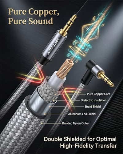 90-Degree Right Angle Aux Cord 30ft, 3.5mm Audio Cable Nylon Braided, Hi-Fi Stereo Sound for Car Stereo, Headphones, Speakers, Desktop Gaming - No Bulk, No Strain - size: 30ft