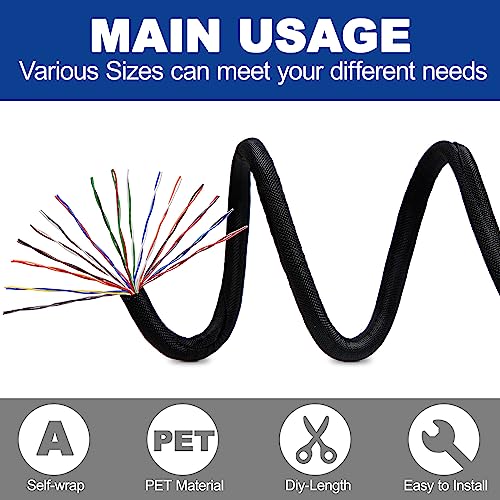 Split-Sleeve Wire Loom for High-Temperature Automotive Harness and Home Cable Management, 25ft - 1.5 inch Braided Cable Management Sleeve Cord Protector, Self-Wrapping Split Wire Loom - size: 1.5"