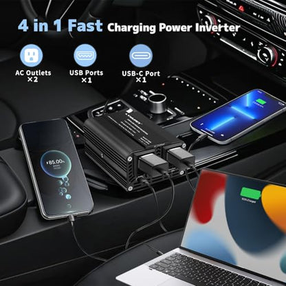 LVYUAN 500W Power Inverter for Vehicles DC 12V to 110V AC Car Plug Adapter Outlet Converter with PD 20W with USB Fast Charging Ports and 2 AC Outlets Car Charger Adapter
