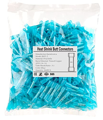 haisstronica 500PCS Blue Heat Shrink Butt Connectors 16-14 AWG - size: AWG16-14 Blue, style: 500pcs