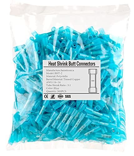 haisstronica 500PCS Blue Heat Shrink Butt Connectors 16-14 AWG - size: AWG16-14 Blue, style: 500pcs