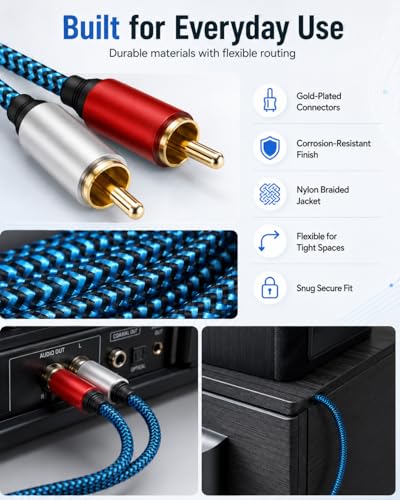 RCA Cable 5ft/1.5M 2RCA Male to 2RCA Male Stereo Audio Cable Nylon-Braided Auxiliary Audio Cord for Home Theater HDTV Amplifiers Hi-Fi Systems Speakers and etc