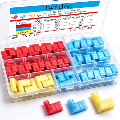 Twidec/110Pcs Right Angle Spade Connector,Nylon Flag Spade Female Insulated Terminals 22-18 18-14 12-10 Gauge Quick Disconnects Electrical Crimp Terminals Connector Assortment Kit - color: 110PCS