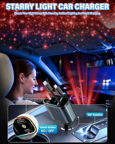 LivTee Starlight 4-in-1 Retractable Car Charger, 66W USB-C & Dual USB Ports, Fast Charging for iPhone & Android, Starlight Car Phone Charger, Car Accessories, for Men & Women (Dark Grey) - size: Retractable Charger