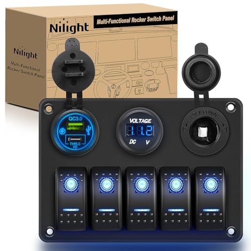 Nilight 5 Gang Multi Function Rocker Switch Panel Pre-Wired - color: Blue, size: 5+3 Gang Type C +USB