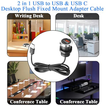 QIANRENON 2 in 1 USB & USB C Threaded Fixed Mount Charging Connector Cable USB2.0 Male to Type A + Type C Female Desktop Embedded Mount Adapter Cable 5V 2A, for Furniture/Office Desk, 1.5m/4.9ft