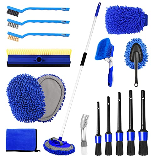 62'' Car Wash Brush Kit - Mitt, Mop, Sponge & Long Handle, Scratch-Free Chenille Replacement Head, Wheel Tire Brush, Car Detailing Kit for Cars, RV, Truck