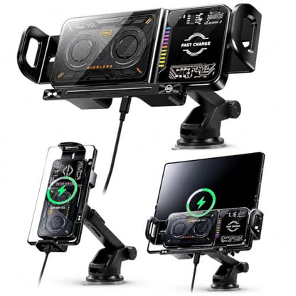 Wireless Car Charger, 2026 Upgrade 15W Fast Charging with LED Light Auto Clamping Phone Holder for iPhone 16/15/14/13 Mini Pro Max, Samsung Galaxy S25 Ultra, S24/S23 etc (Suction Cup)