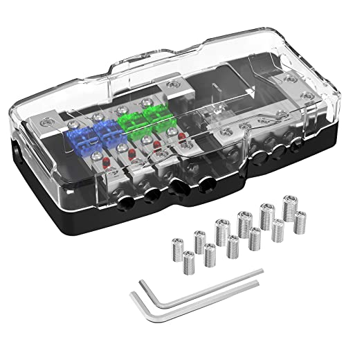 Joinfworld Fused Power Distribution Block Car Audio 4 Way MIDI(Mini-ANL) Fuse Block 12V 0/4 Gauge with Ground for Auto UTV Boat Stereo Amp