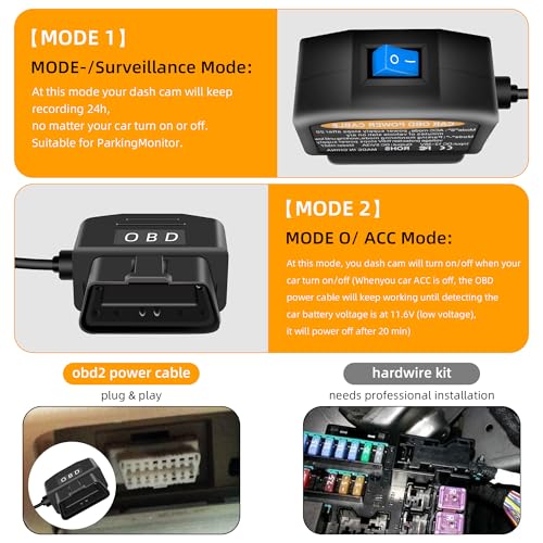 GELRHONR OBD Power Cable for Dash Camera, Micro USB OBD2 Dashcam Hardwire Kit with 24 Hours Surveillance and Acc 2 Mode 12-24 V to 5V/3A 11.5FT, for EV Hybrid Fuel Vehicles(Straight Micro USB Black) - color: Straight Micro USB Black