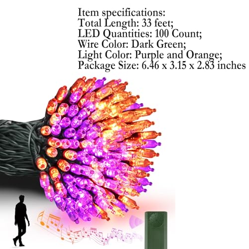 Tcamp Battery Operated Halloween Lights Motion Activated Sync with Music - color: Orange + Purple, size: 33ft 100LED