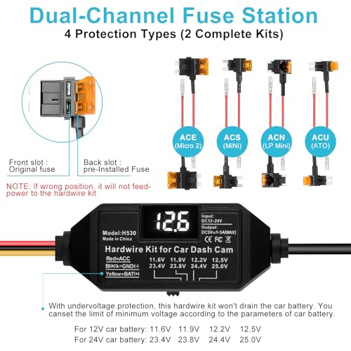 Dash Cam Hardwire Kit USB C, 12V-24V to 5V/3A Adapter Power Cable with Voltage Display, 24/7 Parking Mode, Acc Detection, 4-Level Low Voltage Protection (11.6V/11.9V/12.2V/12.5V)