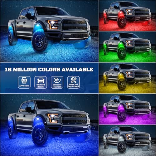 8 Pods RGB LED Rock Lights Kit with APP Control, Multi-Color 175° Beam Angle Car Underglow for Trucks, Waterproof Music Mode, Neon Underbody Lights for Jeep UTV SUV ATV Boat Golf Cart Exterior