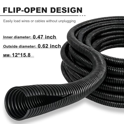 30FT 1/2 inch Split Wire Loom Tubing Kit with 2 Clamps - Flexible Abrasion Resistant Conduit for Automotive, Mechanical Cable Protection - size: 1/2"-30FT