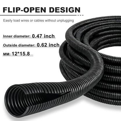 30FT 1/2 inch Split Wire Loom Tubing Kit with 2 Clamps - Flexible Abrasion Resistant Conduit for Automotive, Mechanical Cable Protection - size: 1/2"-30FT