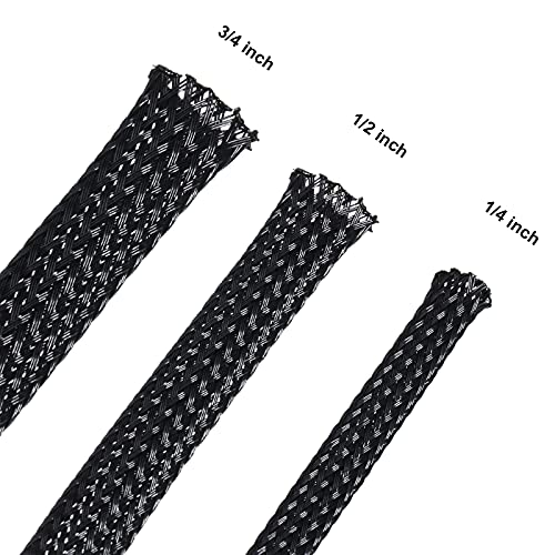 Boao 50ft PET Expandable Braided Cable Sleeve, Wire Loom Braid Sleeving with 127 Pieces Shrink Tube for Audio Video and Other Home Device Cable Automotive Wire(1/4 Inch, 1/2 Inch, 3/4 Inch,Black) - color: Black, size: 1/4 Inch, 1/2 Inch, 3/4 Inch