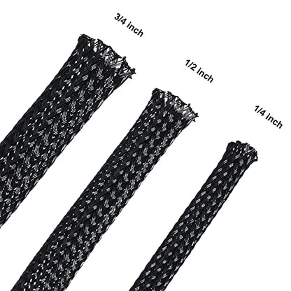Boao 50ft PET Expandable Braided Cable Sleeve, Wire Loom Braid Sleeving with 127 Pieces Shrink Tube for Audio Video and Other Home Device Cable Automotive Wire(1/4 Inch, 1/2 Inch, 3/4 Inch,Black) - color: Black, size: 1/4 Inch, 1/2 Inch, 3/4 Inch