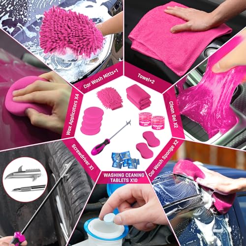 47PCS Car Detailing Kit Interior Cleaner, Car Cleaning Supplies with High Power Car Vacuum Cleaner,Auto Detailing Kit,Car Wash Kit with Bucket Detailing Brush Set,Pink Car Accessories for Women - color: 47PCS