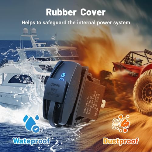 Anina USB Rocker Switch 18W QC3.0 USB 30W PD Outlet Waterproof 12V 24V Dual Ports Charger with Blue LED Light for Marine Vehicle RV Boat Truck UTV