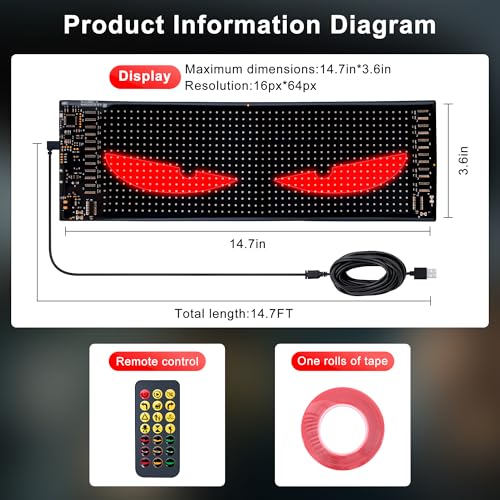 led Eyes for car Windshield-programmable led Sign，Devil Eyes Light for Windshield with Dynamic Patterns, APP/Remote Control, IP68 Waterproof, USB Powered for Cars/Trucks/RVs，1PCS （14.7"x3.6"） - color: 14.7*3.6 Inch-1PCS