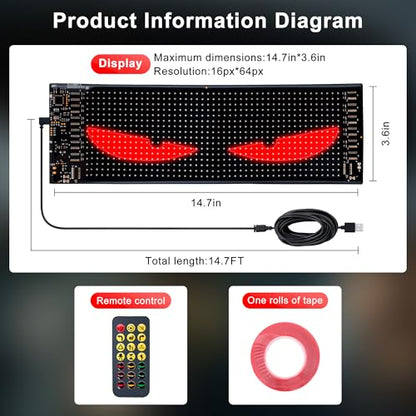 led Eyes for car Windshield-programmable led Sign，Devil Eyes Light for Windshield with Dynamic Patterns, APP/Remote Control, IP68 Waterproof, USB Powered for Cars/Trucks/RVs，1PCS （14.7"x3.6"） - color: 14.7*3.6 Inch-1PCS