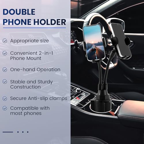 DaisyInner Dual Phone Holder for Car 360° Rotatable Car Mount Long Flexible Neck Adjustable Double Holder Universal Size Fits for Most 2 Phones 2.6"-4.3" Phone (Cradle)