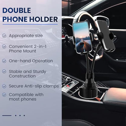 DaisyInner Dual Phone Holder for Car 360° Rotatable Car Mount Long Flexible Neck Adjustable Double Holder Universal Size Fits for Most 2 Phones 2.6"-4.3" Phone (Cradle)