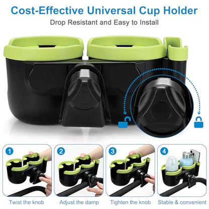Accmor Stroller Cup Holder with Phone Holder, Bike Cup Holder, Universal Cup Holder for Uppababy Nuna Strollers, 2-in-1 Drinks Holder for Walker, Wheelchair, Scooter - color: Double Holder-Green