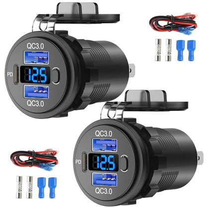 2 pack 12V USB C Outlet Marine USB Charging Port for Car, Dual Quick Charge 3.0 & PD 3.0 Car Charger Socket with Button Switch and Voltmeter, Cigarette Lighter Replacement DIY Kit for 12V/24V Vehicles - color: 2 pack