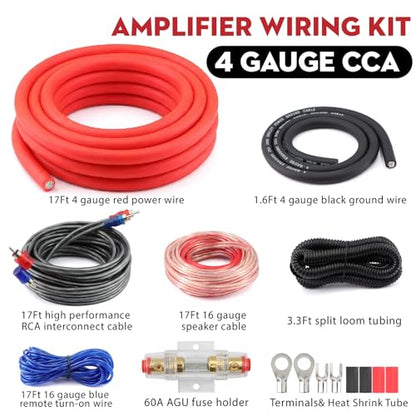 4 Gauge Amplifier Wiring Kit, Car Amp Wiring Kit 1000W CCA with Power Wire & Ground Cable, RCA Interconnect Cable, Speaker Wire, AGU Fuse Holder - for Car Audio Subwoofer & Stereo System Install - size: 4 GAUGE