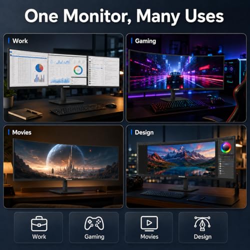 Deco Gear 49 Inch Curved Monitor, 3840x1080 Ultrawide Gaming WDFHD Screen, 144Hz, 32:9, 3ms, 3000:1 VA Display, HDR400, Adaptive Sync, USB-C 65W, HDMI, PIP/PBP, KVM, 1800R, Office & Workstation Setup - size: 49 inch