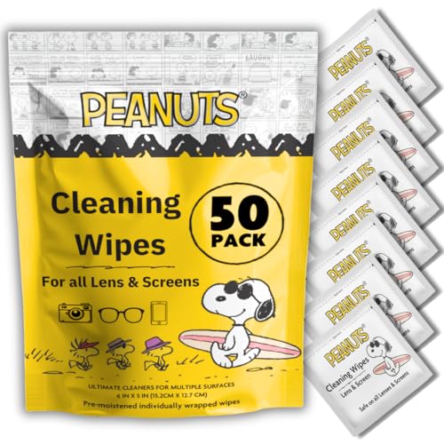 Snoopy Lens Wipes for Eyeglasses (50 Count) Disposable Eye Glasses Cleaner Wipes - Pre-Moistened Cleaner for Phone Screen, Camera & More - Scratch-Free & Streak-Free - 6 x 5 Individually Wrapped - size: 50 Pack