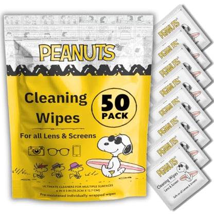 Snoopy Lens Wipes for Eyeglasses (50 Count) Disposable Eye Glasses Cleaner Wipes - Pre-Moistened Cleaner for Phone Screen, Camera & More - Scratch-Free & Streak-Free - 6 x 5 Individually Wrapped - size: 50 Pack