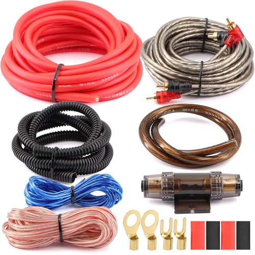 8 Gauge 1000W High-Performance Complete Amplifier Wiring Kit - with 60A AGU Fuse Holder, 17Ft Power/Ground Wire, Blue RCA & Speaker Cables | for Professional Car Audio Safe Installation - size: 8 Gauge