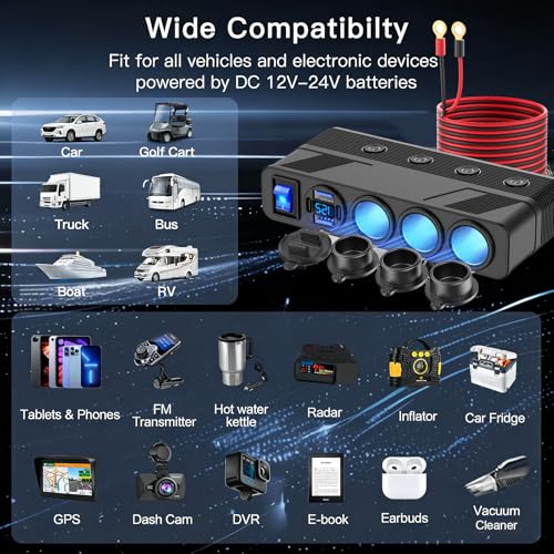 12V Cigarette Lighter Splitter with 10FT/3M Cable, 180W Car Charger Socket Multi 4 USB Port Adapter with LED Display Master and Independent Switch, 12 Volt Power Outlet Plug with Eyelet Terminal