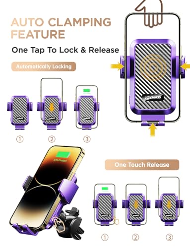 JOYMASS Wireless Car Charger, Phone Holders for Your Car, 15W Auto Clamping Phone Mount Car Accessories for iPhone 16 15 14 13 12 Mini Pro Max, Samsung Galaxy S24 Ultra S23 S22+ Note 20, etc - Purple - color: PURPLE