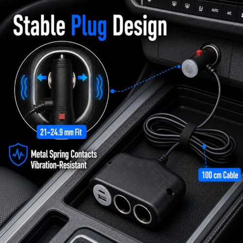 Cliff Top Car Cigarette Lighter Splitter, Dual Socket USB-C PD QC3.0 Switch