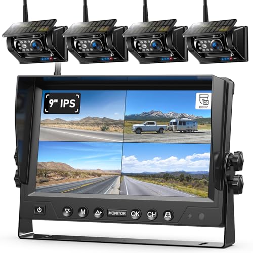 ZEROXCLUB 4 Magnetic Solar Wireless Backup Camera HD1080P 9" Loop Recording Monitor, Quad RV Rearview Backup Cameras Wireless System for Trailer RV Trucks, Built-in 9600mAh Solar Battery, BL904 - size: 9"-4 Cam