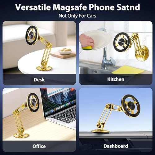 Ultra Magnetic Long-Arm Phone Holder Stand, Fits for MagSafe Car Mount Bracket【Windshield+Vent+Dash】, 360° Rotation Adjustable Strong Magnets Car Mount Desk Office Phone Cradle Holder, Gold - color: Gold