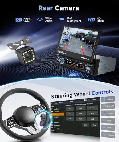 Single Din Car Stereo Touch Screen Flip Out Wireless Carplay Android Auto, 7 Inch Car Radio 1 Din with Bluetooth 5.1 FM Radio Mirror Link EQ/TF/USB/AUX Rear View Camera Steering Wheel Control - style: Electric Retractable Screen with Carplay