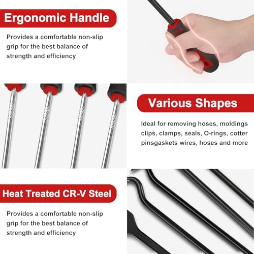 17Pcs Hook and Pick Tool Set with Scraper Auto Clip Removal Plier Fastener Remover Rivets Puller Mechanic Car Trim Removal Tool Kit Gasket Telescoping Magnetic Pickup Hand Automotive Tools (Red) - color: Red- 17 Pcs Auto Pick and Hook Set