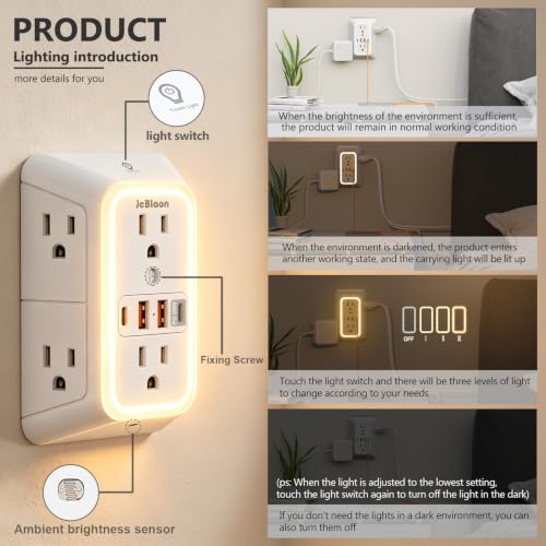 JcBlaon Surge Protector Outlet Extender, 6 Outlet Splitter and 4 USB Ports (PD 20W USB-C) with Night Light, 3 Sided Multi Plug Wall Adapter Power Strip for Home Travel Office-ETL - color: White-20W-1Pcs
