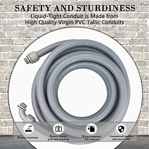 Liquid-Tight Conduit - 3/4inch 25 Foot Flexible Non Metallic Liquid Tight Electrical Conduit Kit, With 4 Straight and 3 90-Degree Conduit Connector Fittings.3/4" Dia - size: 3/4inch 25Ft