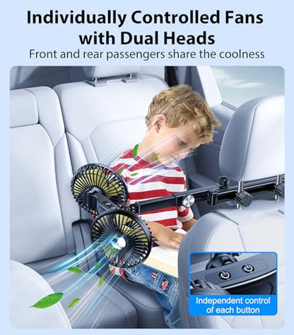 Long Arm Dual Head Car Cooling Fans for Back Seat for Kids, Battery Powered Rechargeable 5V/12V/24V Car Backseat Headrest Fan for Baby Rear Facing Car Seat Cooler That Blow Cold Air for Vehicle - style: Battery Powered-Long Arm