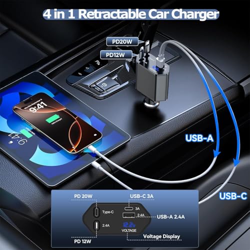 66W Retractable Car Charger Fast Charging,4 in 1 Car Charger USB Fast Charge with Retractable USB C Cable + Lightning Cable,USB C Port and USB A Port Car Phone Charging for iPhone 17/16/15/14/13,iPad