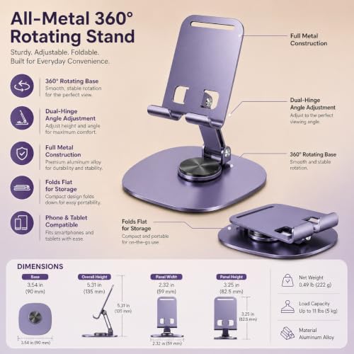 Purple 360° Rotating Aluminum Cell Phone Stand for Desk, Foldable Heavy Duty Tablet Holder, Cute Mechanical Fidget Desktop Mount for iPad Phone Live Streaming Gaming Office Setup - color: PURPLE