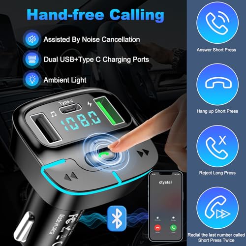 Bluetooth Car Adapter, Wireless Radio Adapter USB C Car Charger MP3 FM Transmitter, Support U Disk/Hands Free Calling