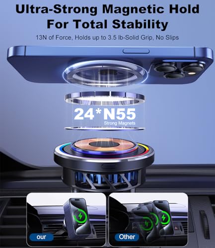 for MagSafe Car Mount Charger with Cooling Fan, 25W Fast Charging Magnetic Wireless Car Charger, Dashboard & Air Vent Phone Holder for iPhone 17 Pro Max Air 16 15 14 13 12, Galaxy S25-S26
