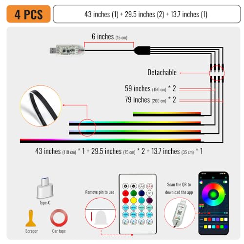 Ambient Lighting Car Led Lights Interior with APP, USB Powered Acrylic Neon Flexible Strip Fiber Optic LED Ambient Lighting kit,4 in 1 Car Center Console Dashboard RGB Sound Active Music Lights Sync - size: 4 in 1(43.3inch*1+29.5inch*2+13.8inch*1)